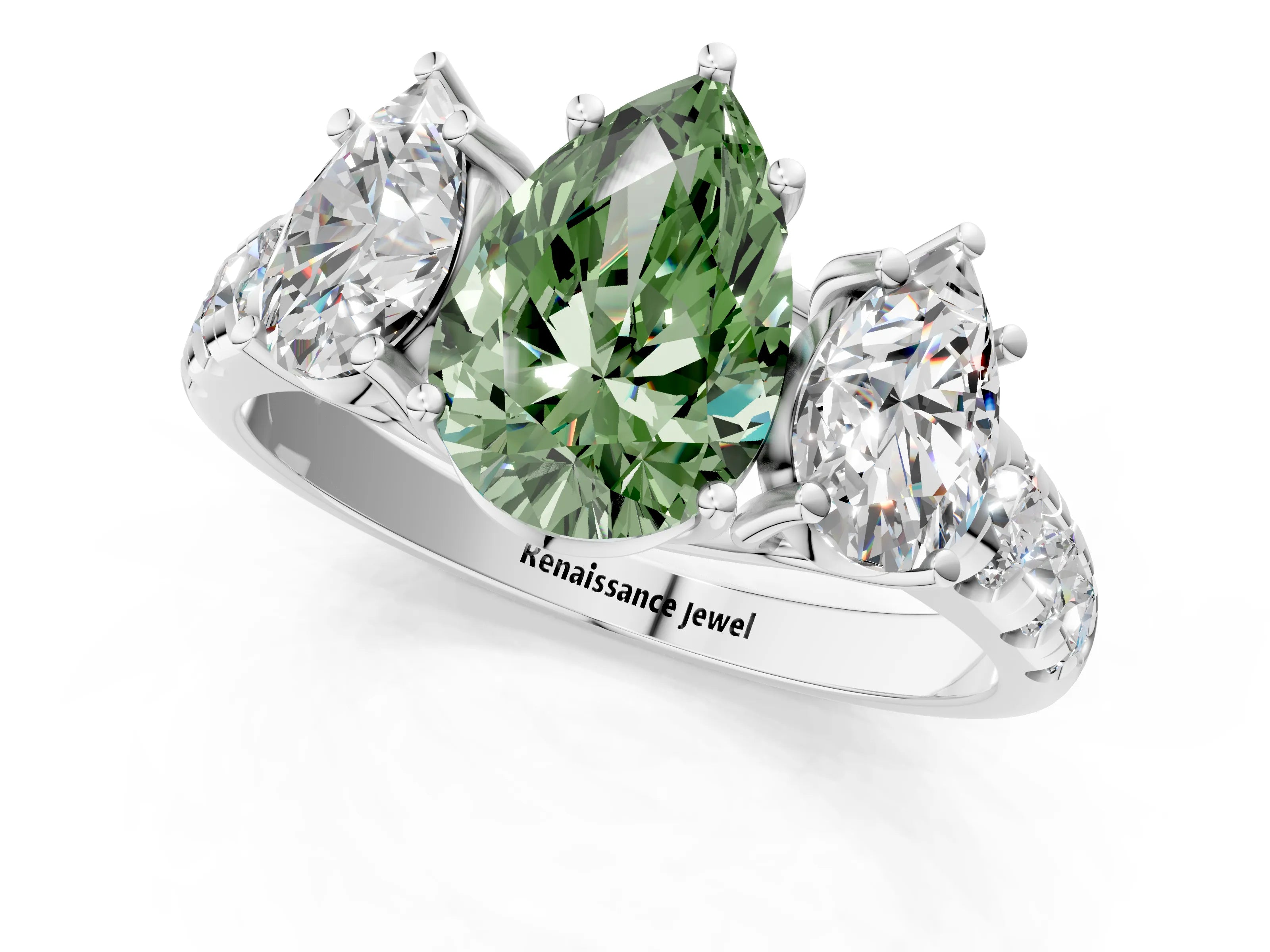 White gold Three-Stone Fancy Green Pear Cut Diamond Pavé Band with Prong Setting_13