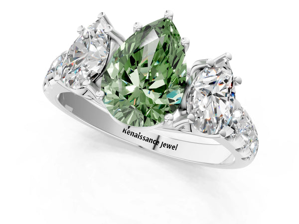 White gold Three-Stone Fancy Green Pear Cut Diamond Pavé Band with Prong Setting