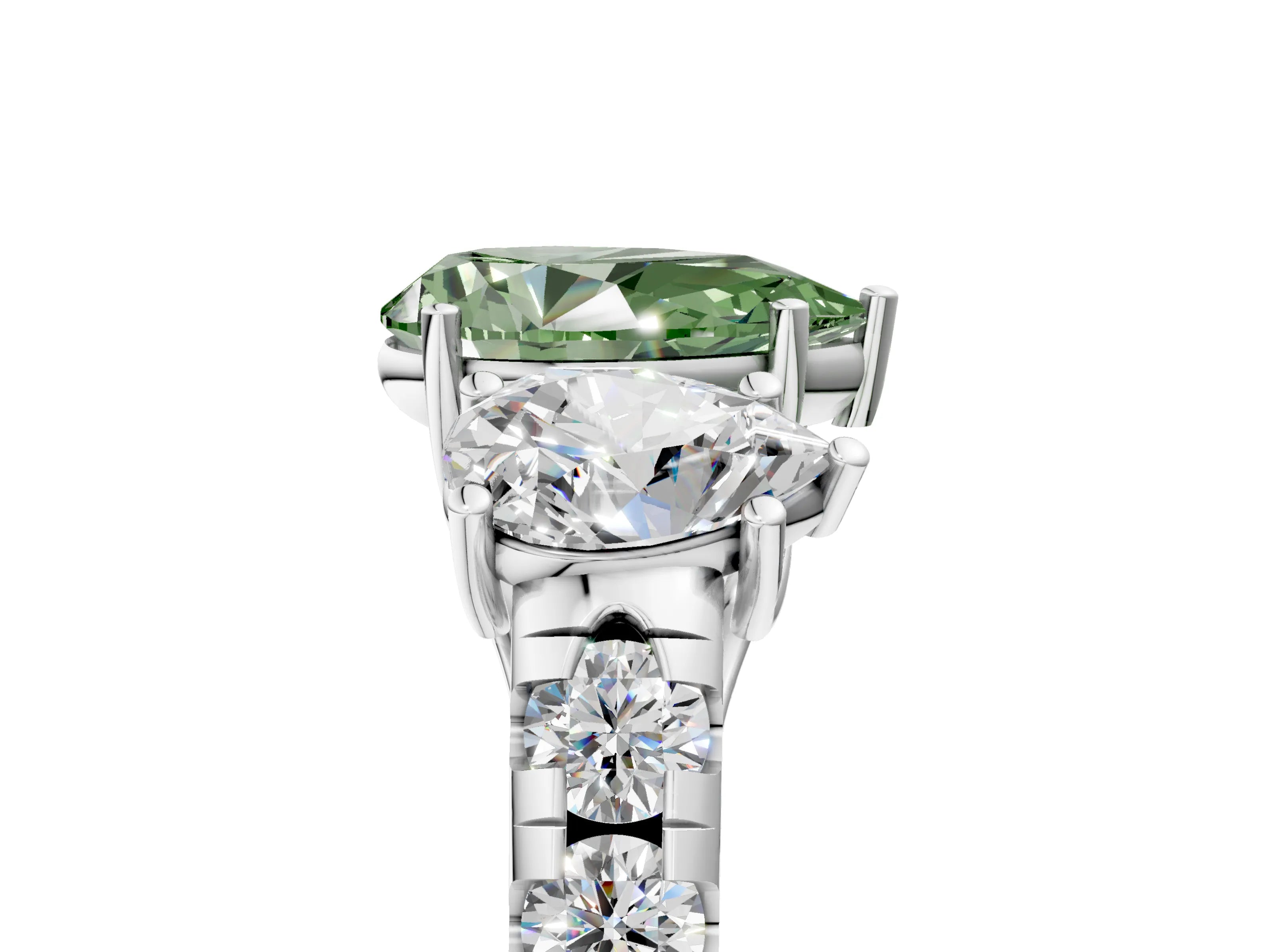 White gold Three-Stone Fancy Green Pear Cut Diamond Pavé Band with Prong Setting_17