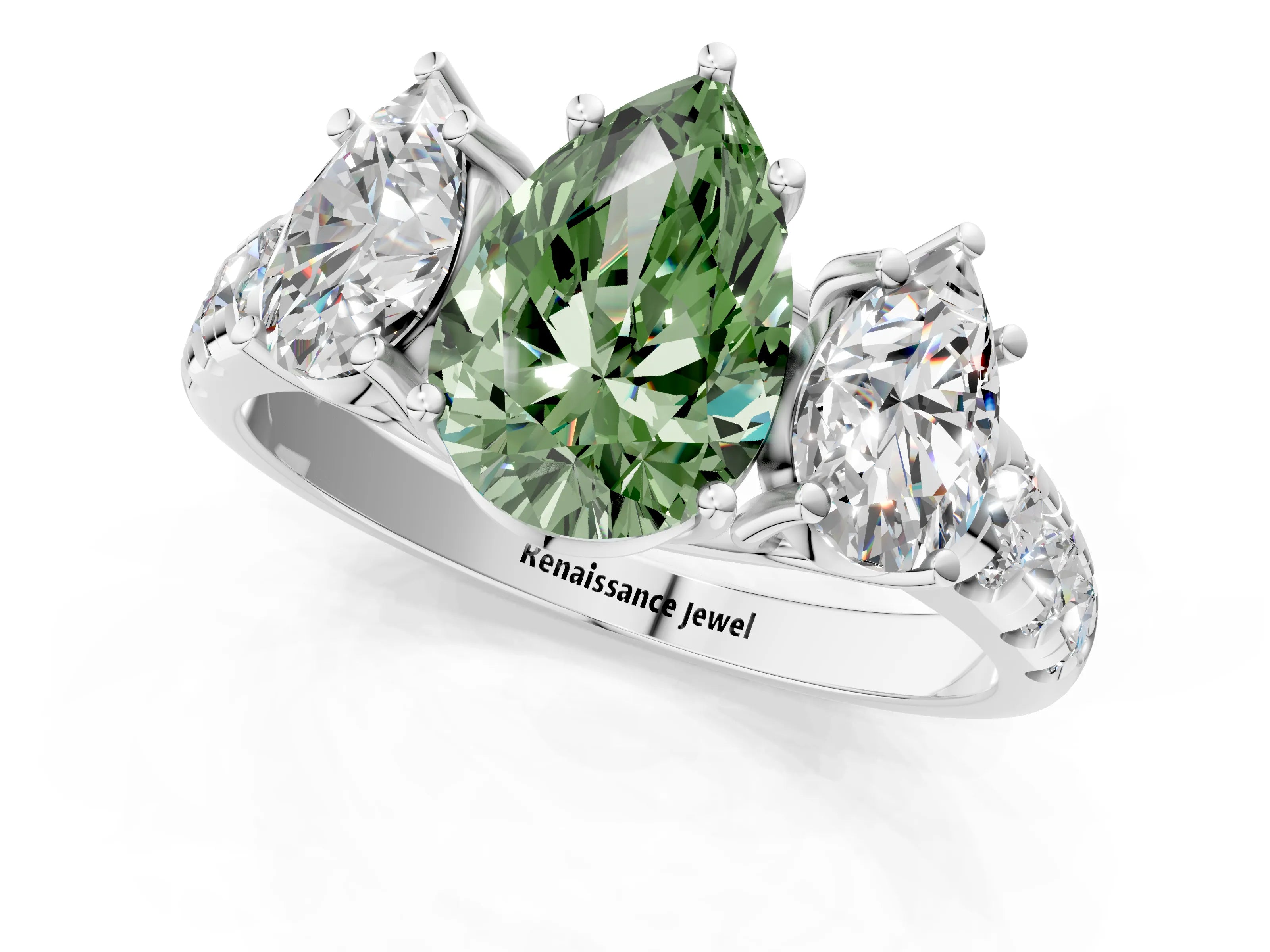 White gold Three-Stone Fancy Green Pear Cut Diamond Pavé Band with Prong Setting_1