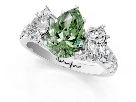 White gold Three-Stone Fancy Green Pear Cut Diamond Pavé Band with Prong Setting_1
