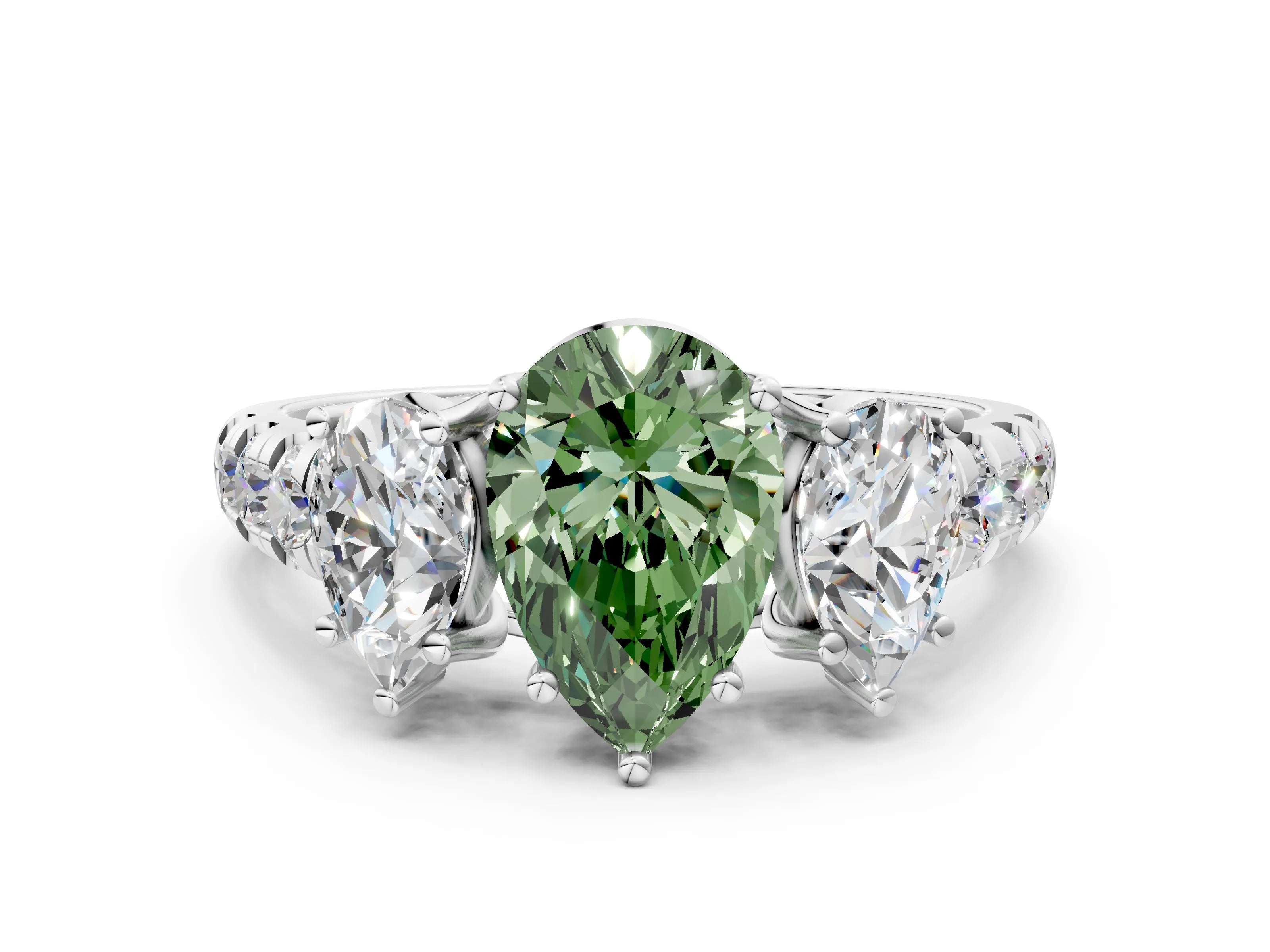 White gold Three-Stone Fancy Green Pear Cut Diamond Pavé Band with Prong Setting