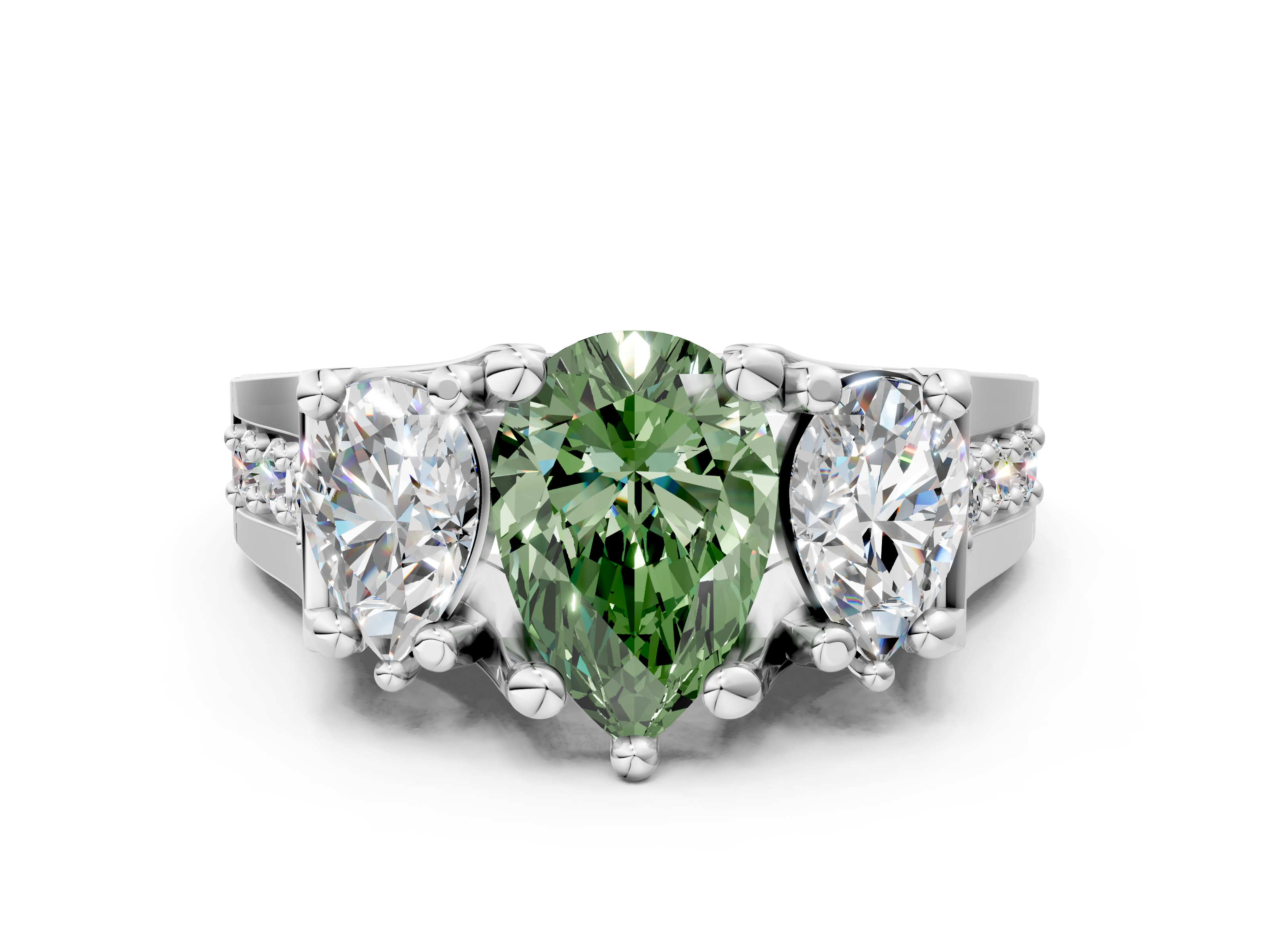 White gold Three-Stone Fancy Green Pear  Cut Diamond Ring with Channel-Set Band and Four-Prong Setting_32