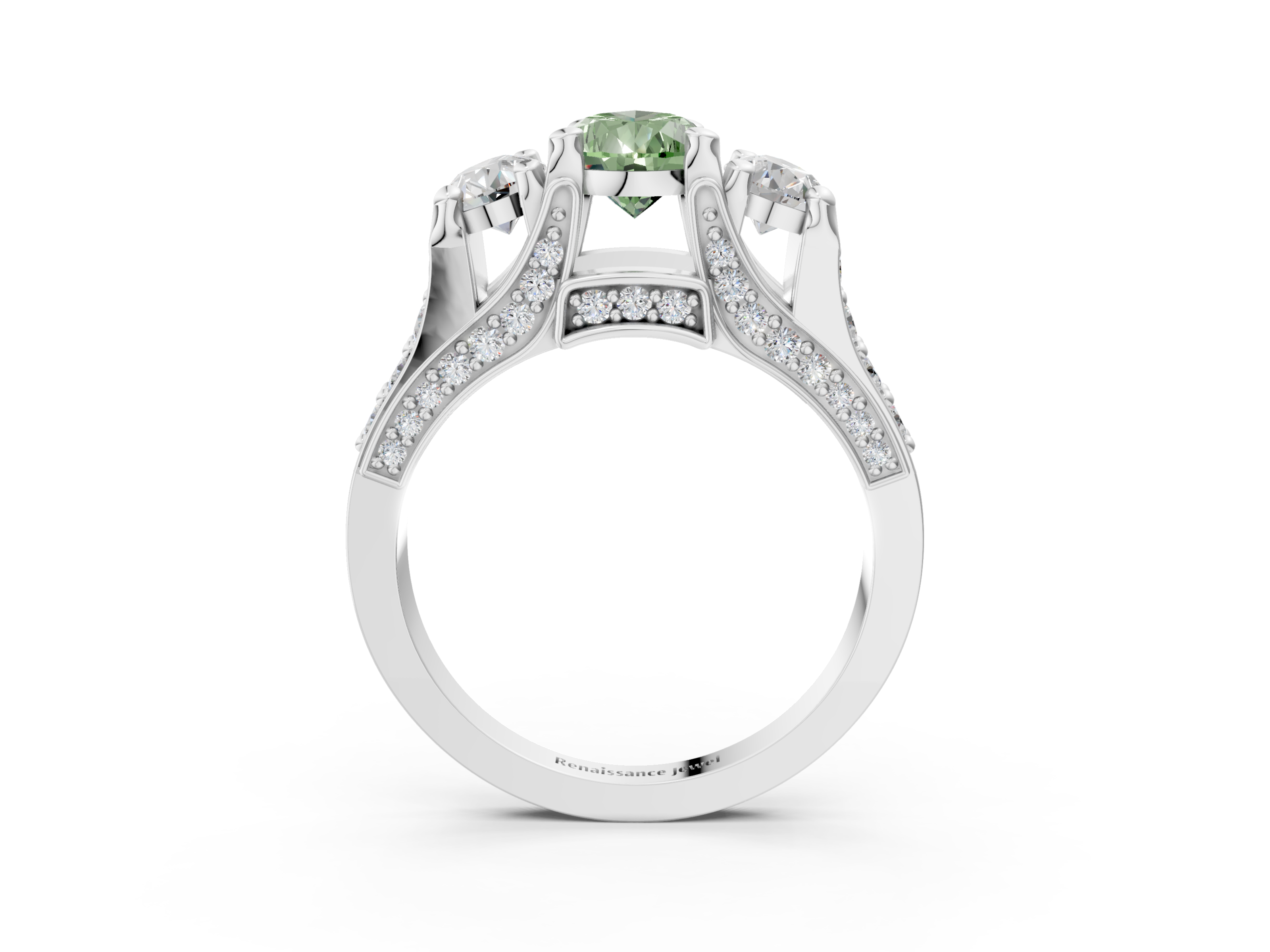 White gold Three-Stone Fancy Green Pear  Cut Diamond Ring with Channel-Set Band and Four-Prong Setting_35