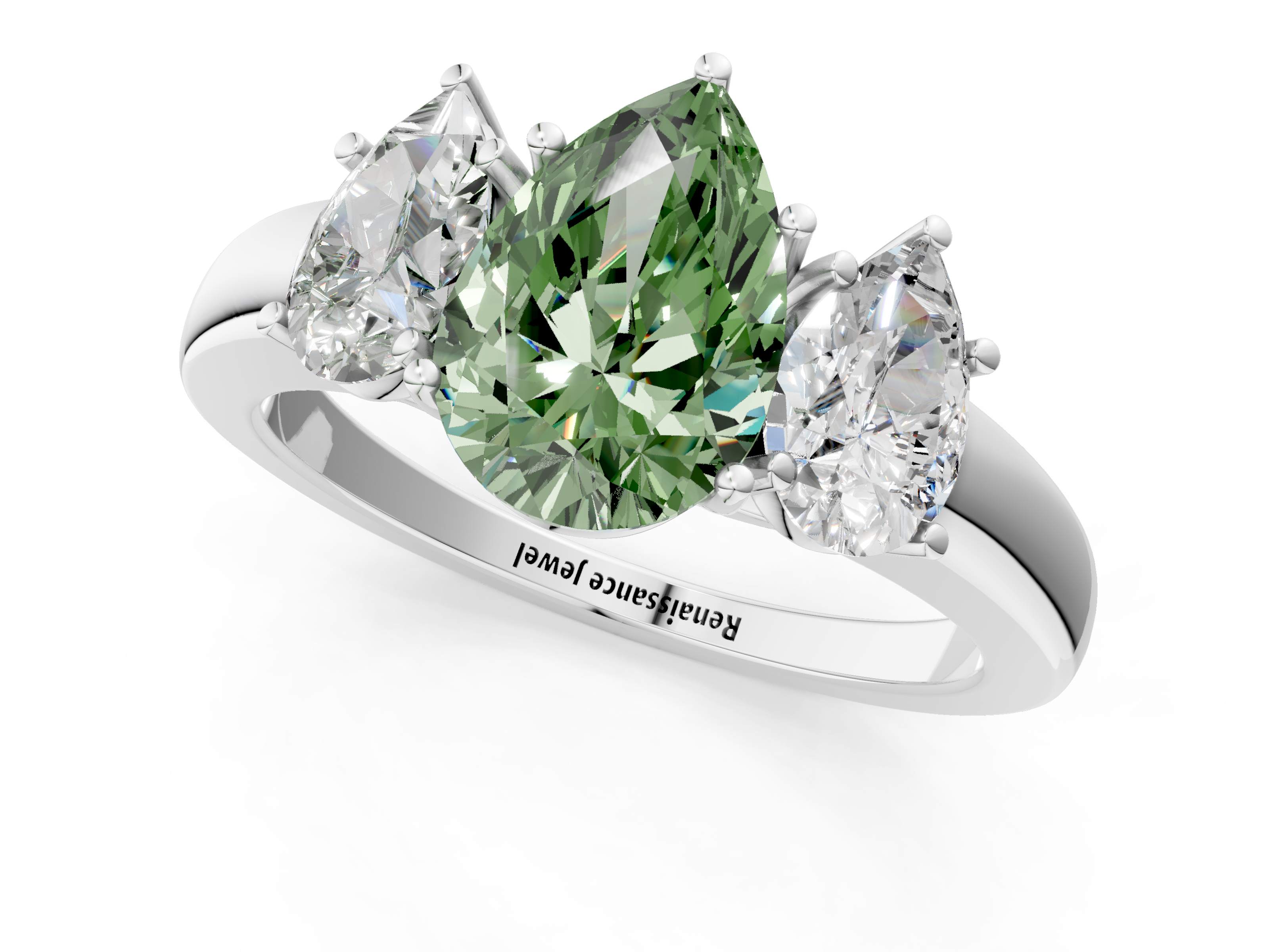 White gold Three-Stone Fancy Green Pear  Cut Diamond Ring with Channel-Set Band and Four-Prong Setting_85