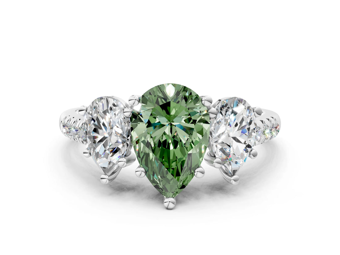 White gold Three-Stone Fancy Green Pear Cut Diamond Ring with Pavé Band and Prong Setting_131