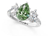 White gold Three-Stone Fancy Green Pear Cut Diamond Ring with Pavé Band and Prong Setting_132