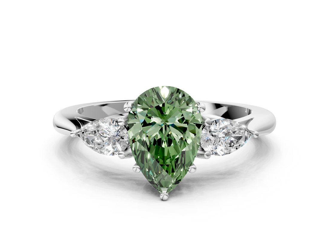 White gold Three-Stone Fancy Green Pear  Cut Diamond Ring with Pear Side Stones in Four-Prong Setting_109