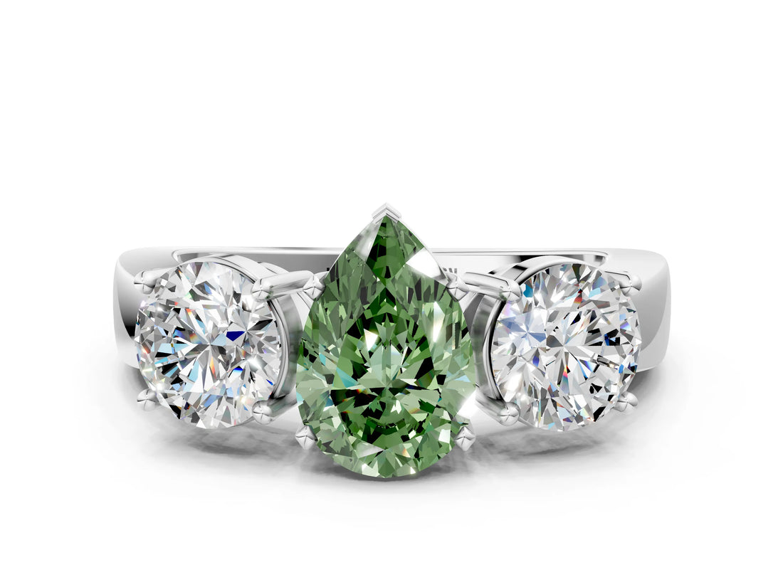 White gold Three-Stone Fancy Green Pear Cut Diamond Ring with Round Side Stones, Classic Band, and Four-Prong Setting_36