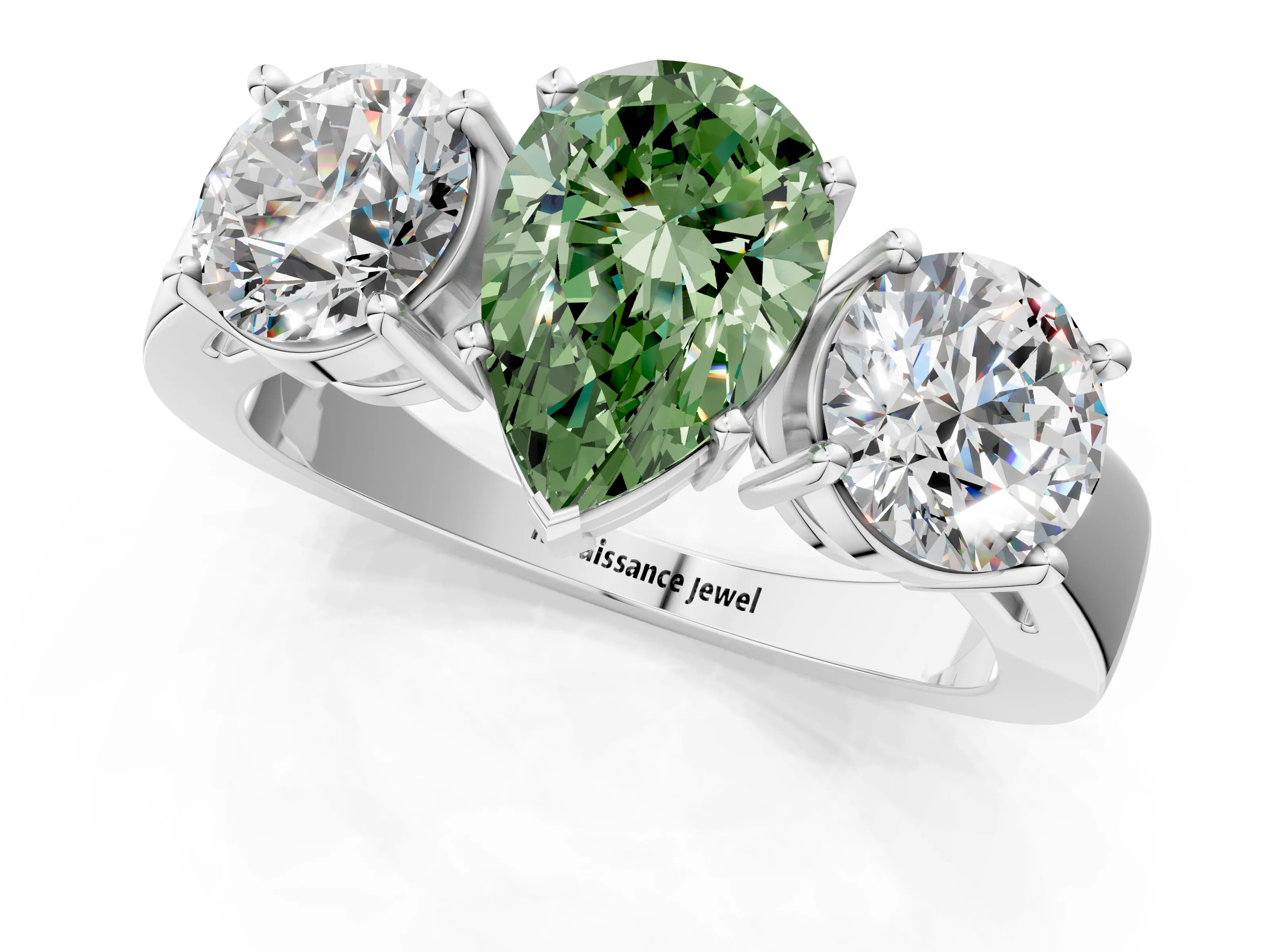 White gold Three-Stone Fancy Green Pear Cut Diamond Ring with Round Side Stones, Classic Band, and Four-Prong Setting_37