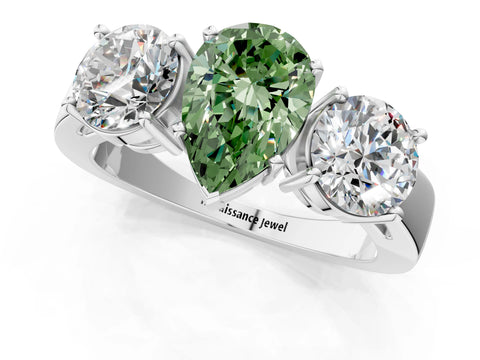 White gold Three-Stone Fancy Green Pear Cut Diamond Ring with Round Side Stones, Classic Band, and Four-Prong Setting_37