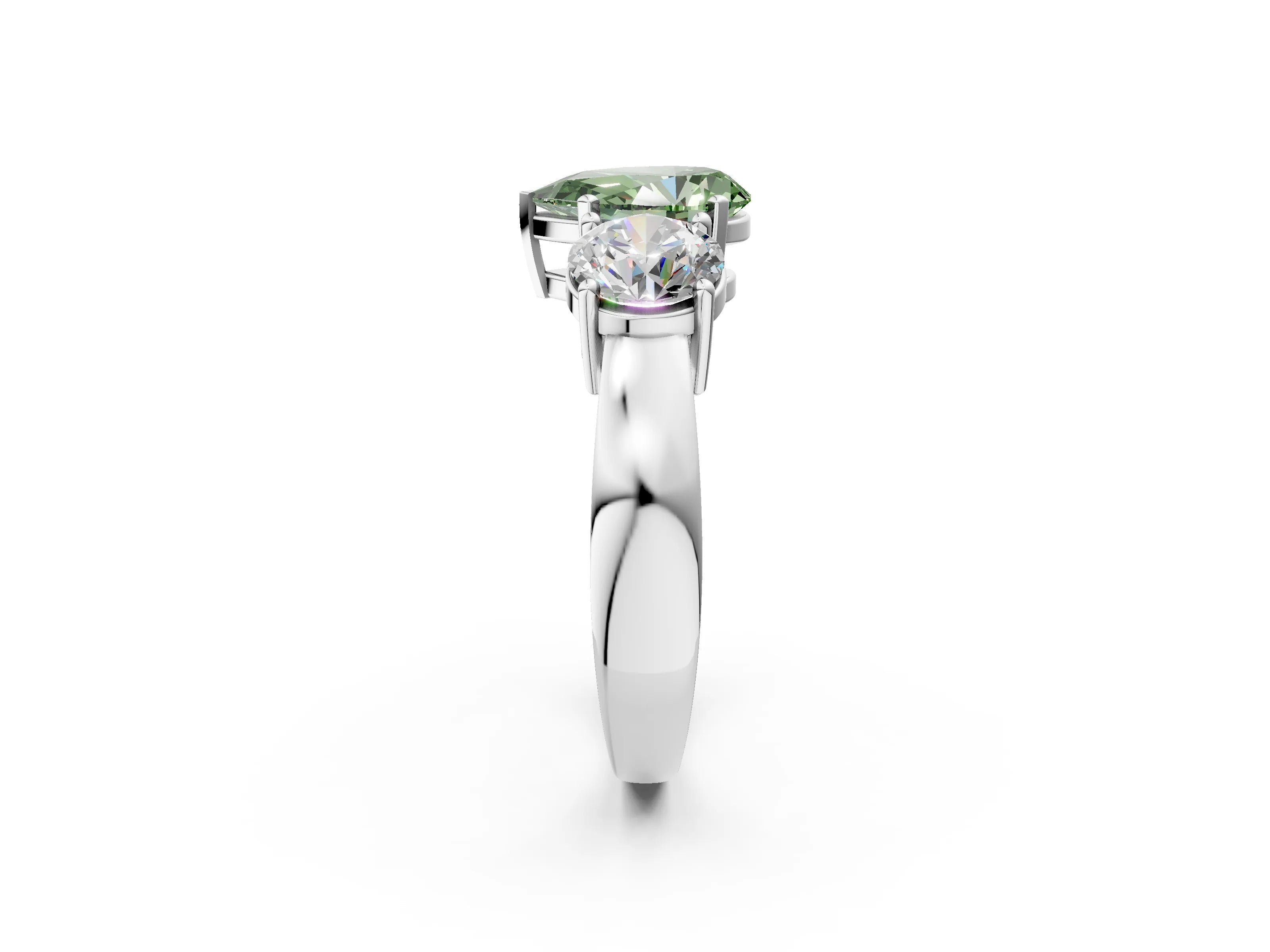 White gold Three-Stone Fancy Green Pear Cut Diamond Ring with Round Side Stones, Classic Band, and Four-Prong Setting_38
