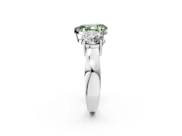 White gold Three-Stone Fancy Green Pear Cut Diamond Ring with Round Side Stones, Classic Band, and Four-Prong Setting