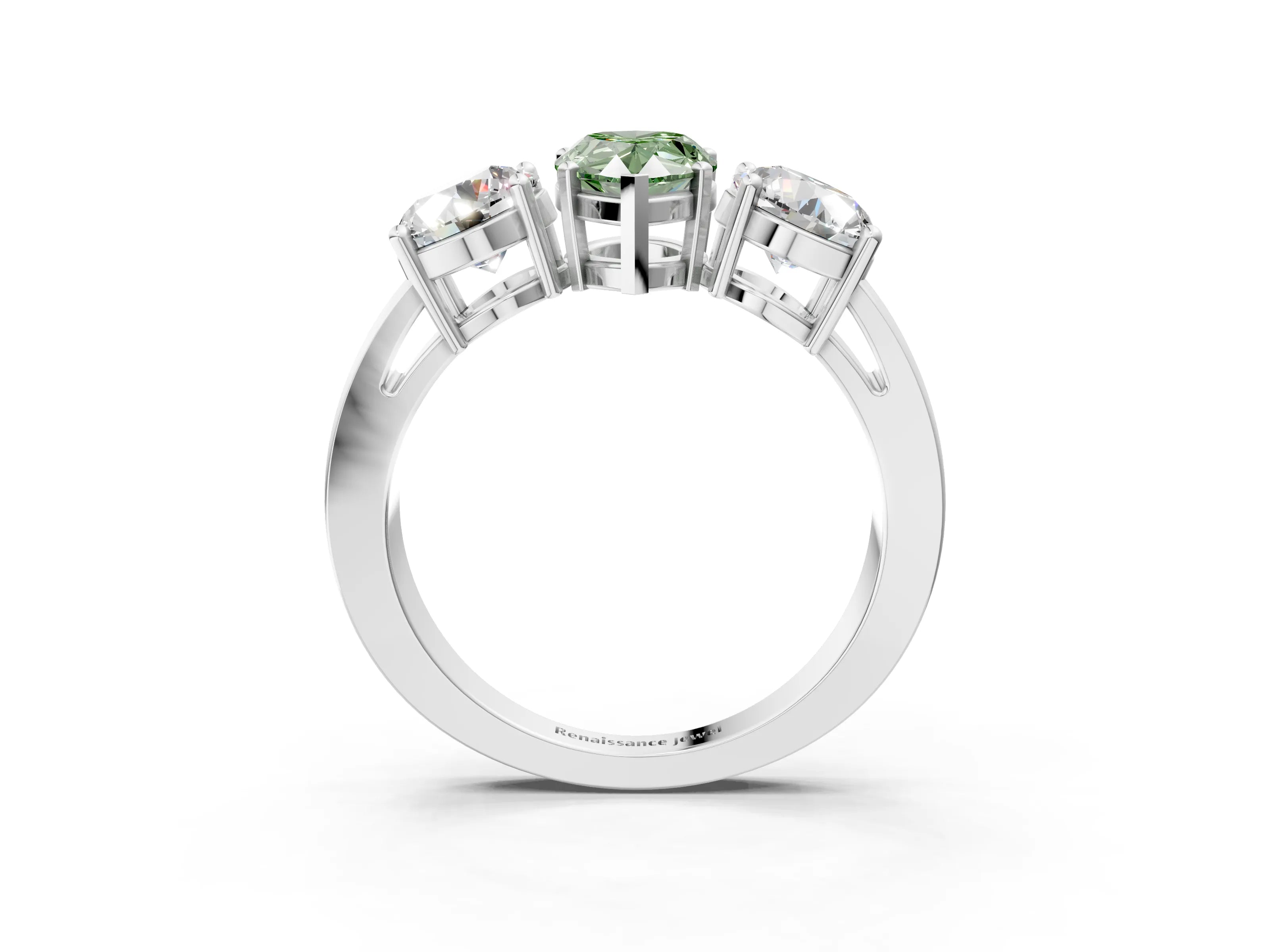 White gold Three-Stone Fancy Green Pear Cut Diamond Ring with Round Side Stones, Classic Band, and Four-Prong Setting_39