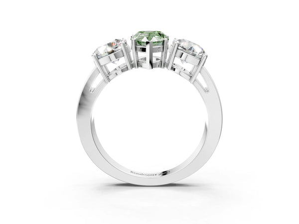 White gold Three-Stone Fancy Green Pear Cut Diamond Ring with Round Side Stones, Classic Band, and Four-Prong Setting