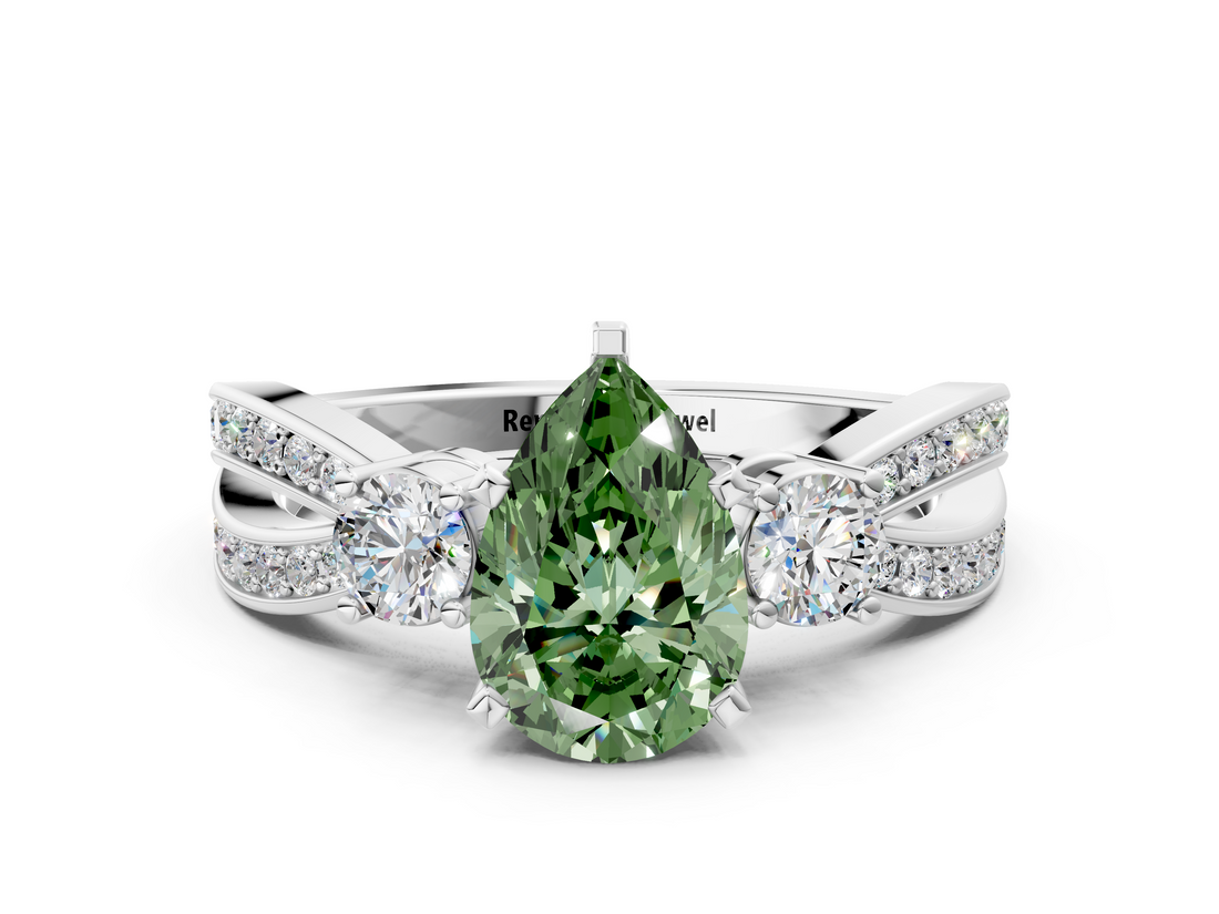 White gold Three-Stone Fancy Green Pear  Cut Diamond Twist Band with Prong Setting_33