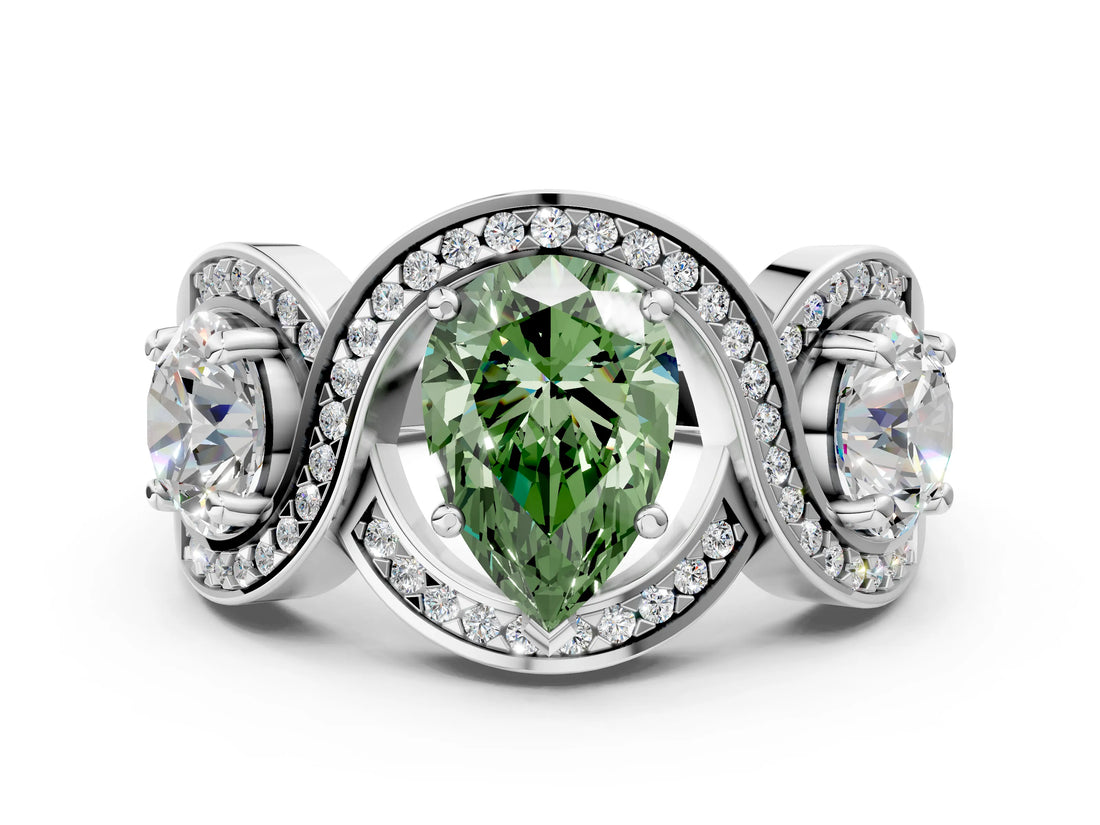 White gold Three-Stone Fancy Green Pear Cut Diamond Wave Pave Band with Prong Setting_48