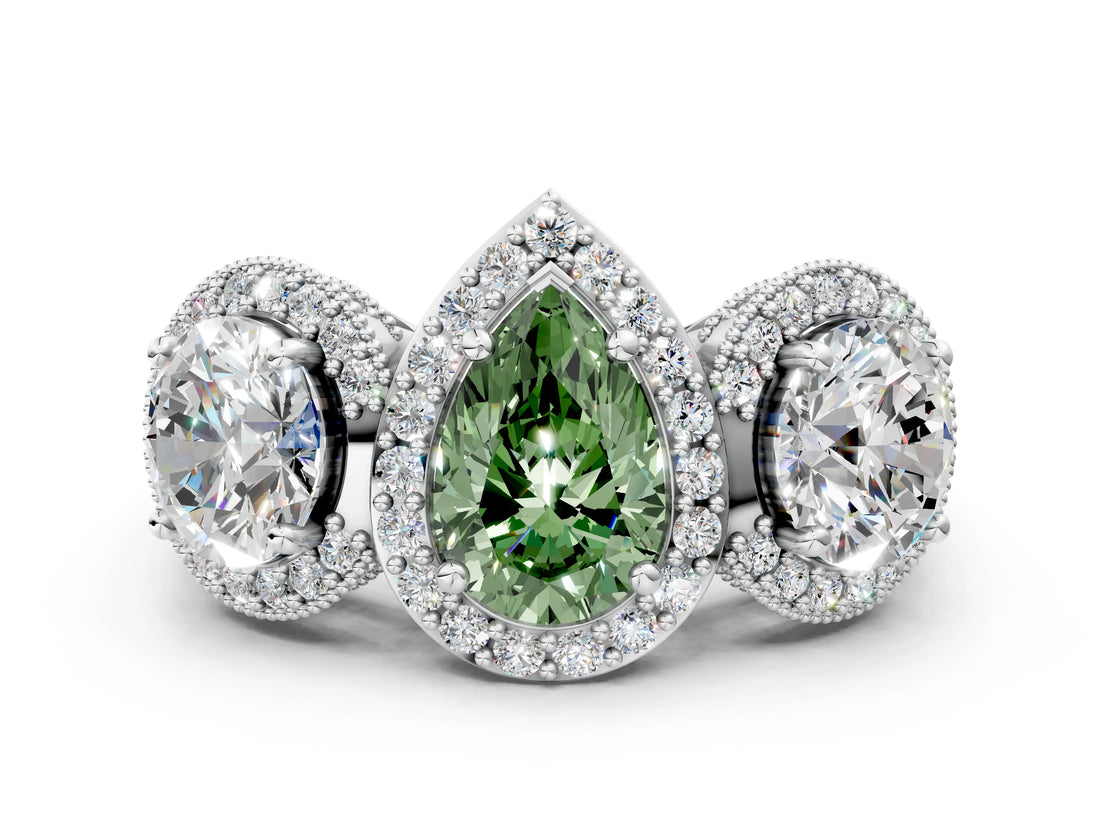 White gold Three-Stone Fancy Green Pear Cut Halo Diamond Milgrain Band with Four-Prong Setting