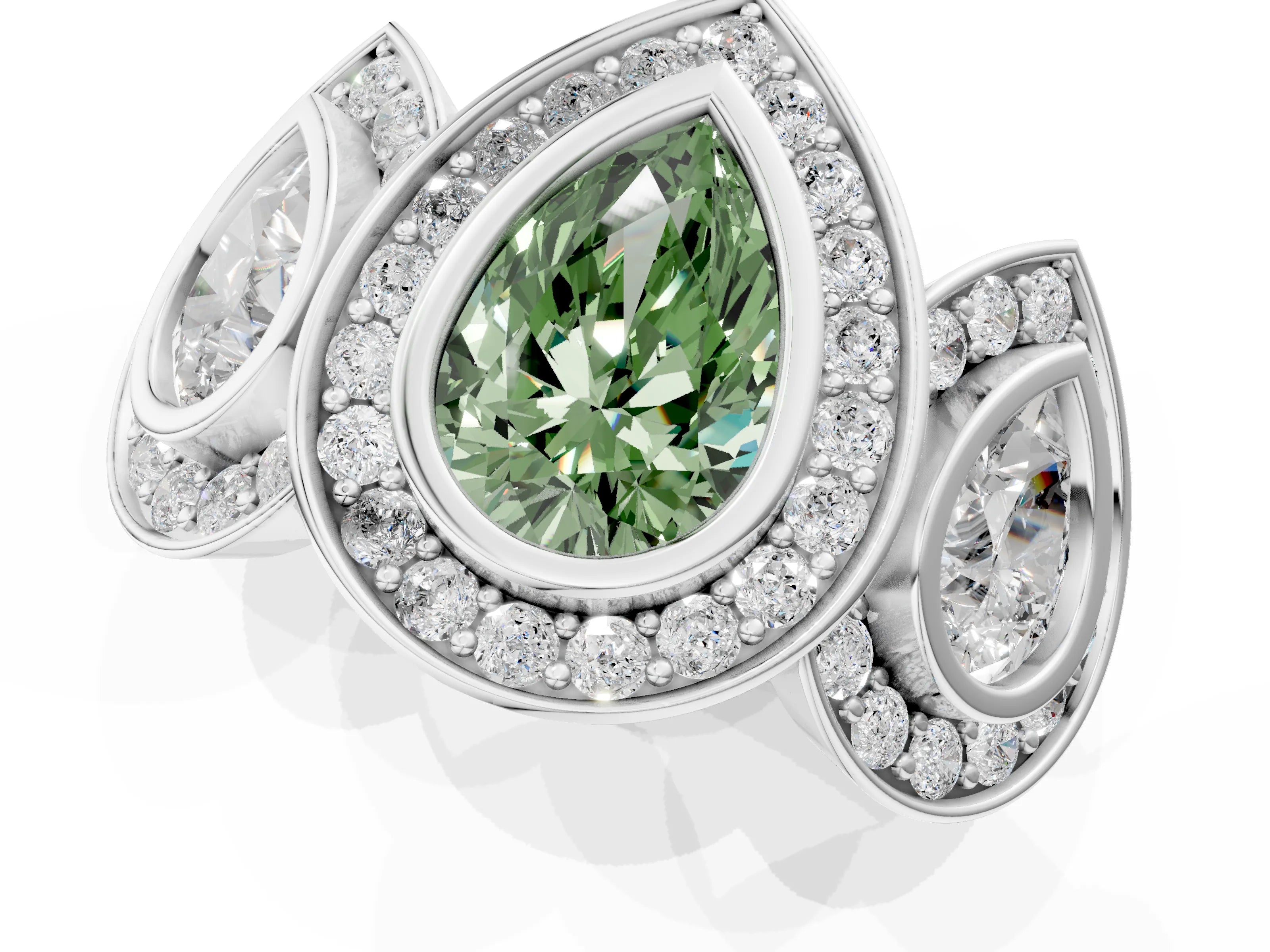 White gold Three-Stone Fancy Green Pear Cut Halo Pavé Diamond Ring_1