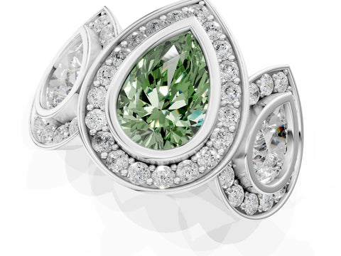 White gold Three-Stone Fancy Green Pear Cut Halo Pavé Diamond Ring_1