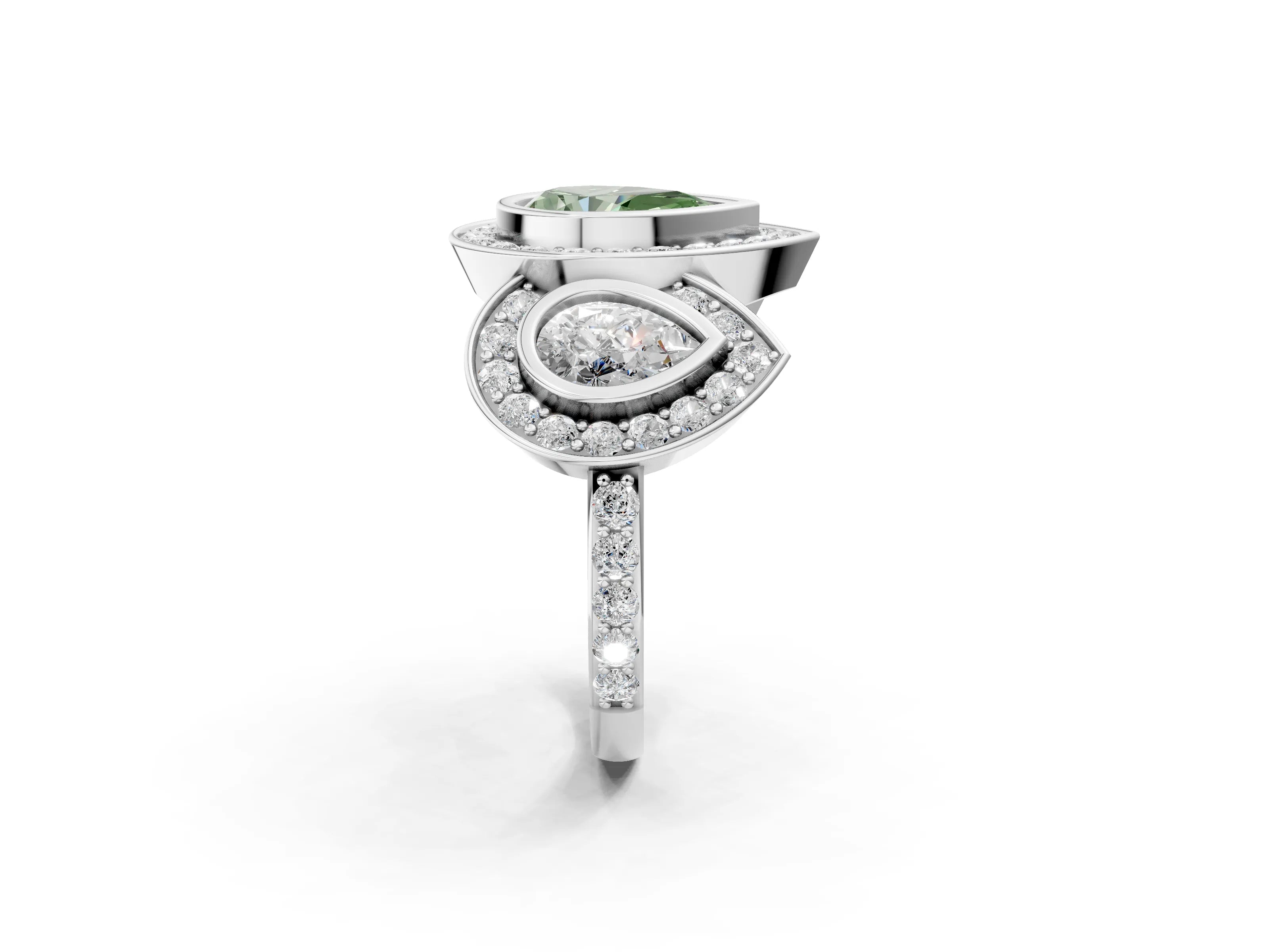 White gold Three-Stone Fancy Green Pear Cut Halo Pavé Diamond Ring_2