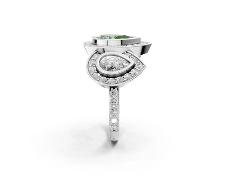 White gold Three-Stone Fancy Green Pear Cut Halo Pavé Diamond Ring_2