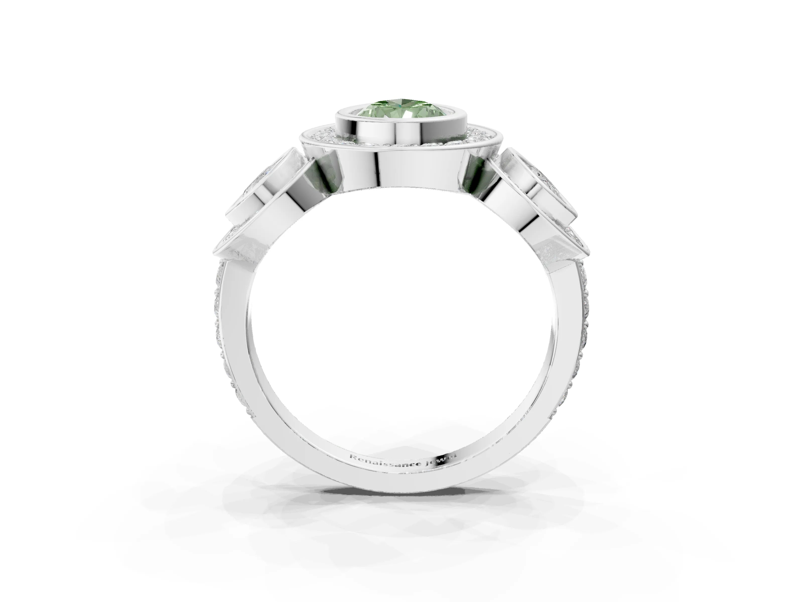 White gold Three-Stone Fancy Green Pear Cut Halo Pavé Diamond Ring_3