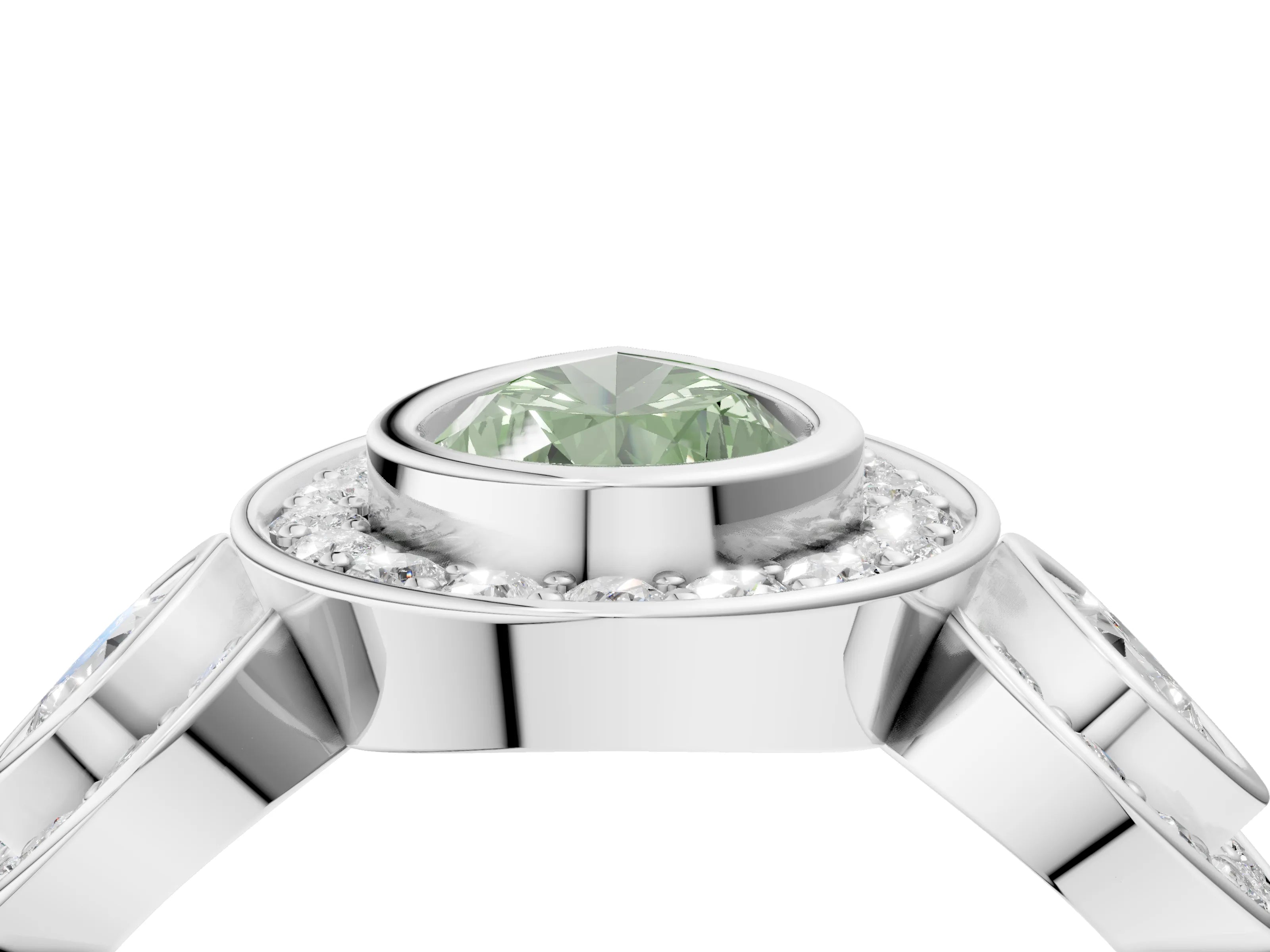 White gold Three-Stone Fancy Green Pear Cut Halo Pavé Diamond Ring_4