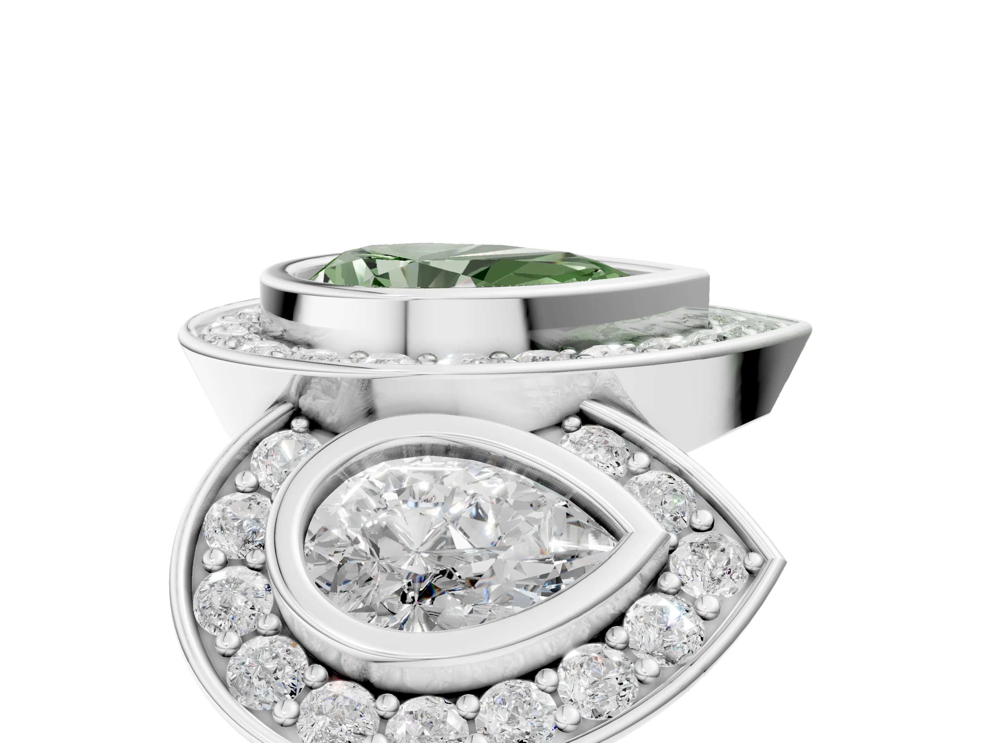 White gold Three-Stone Fancy Green Pear Cut Halo Pavé Diamond Ring_5