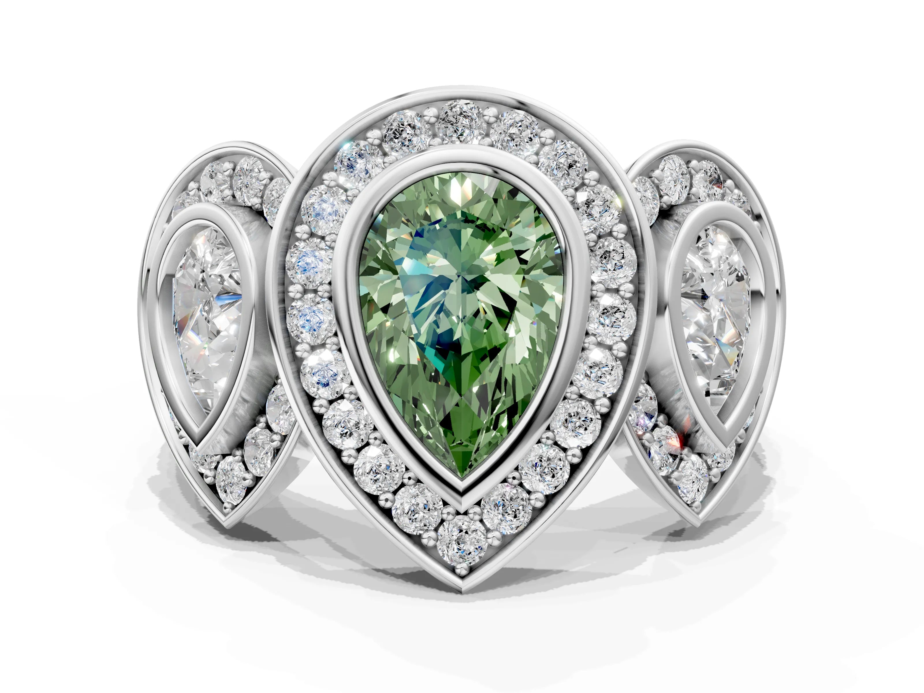 White gold Three-Stone Fancy Green Pear Cut Halo Pavé Diamond Ring