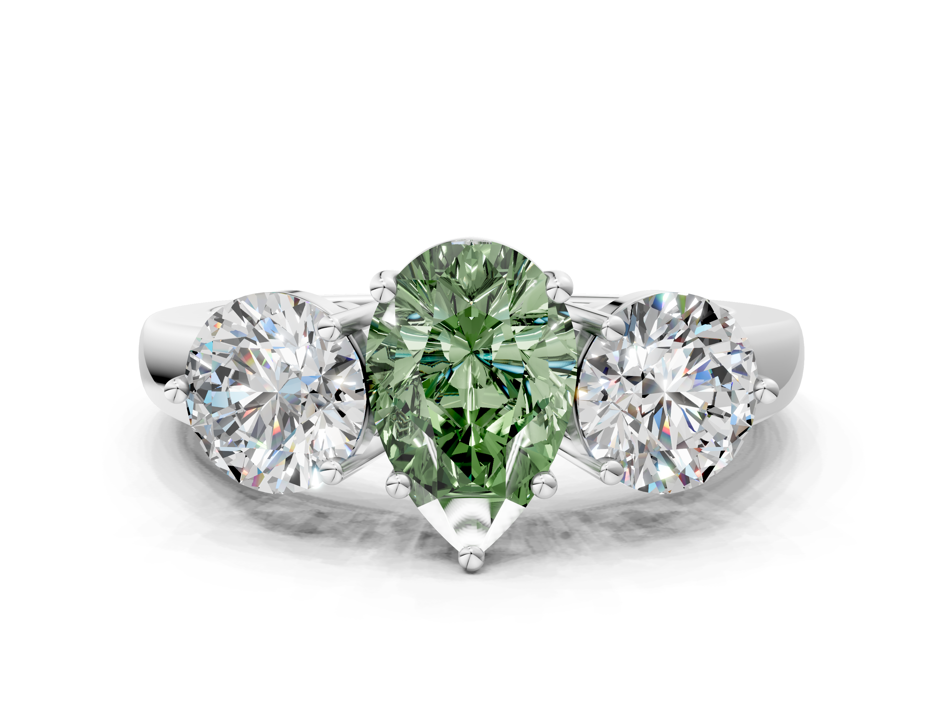 White gold Three-Stone Fancy Green Pear  Cut Solitaire Ring with Prong Setting on a Classic Band_59