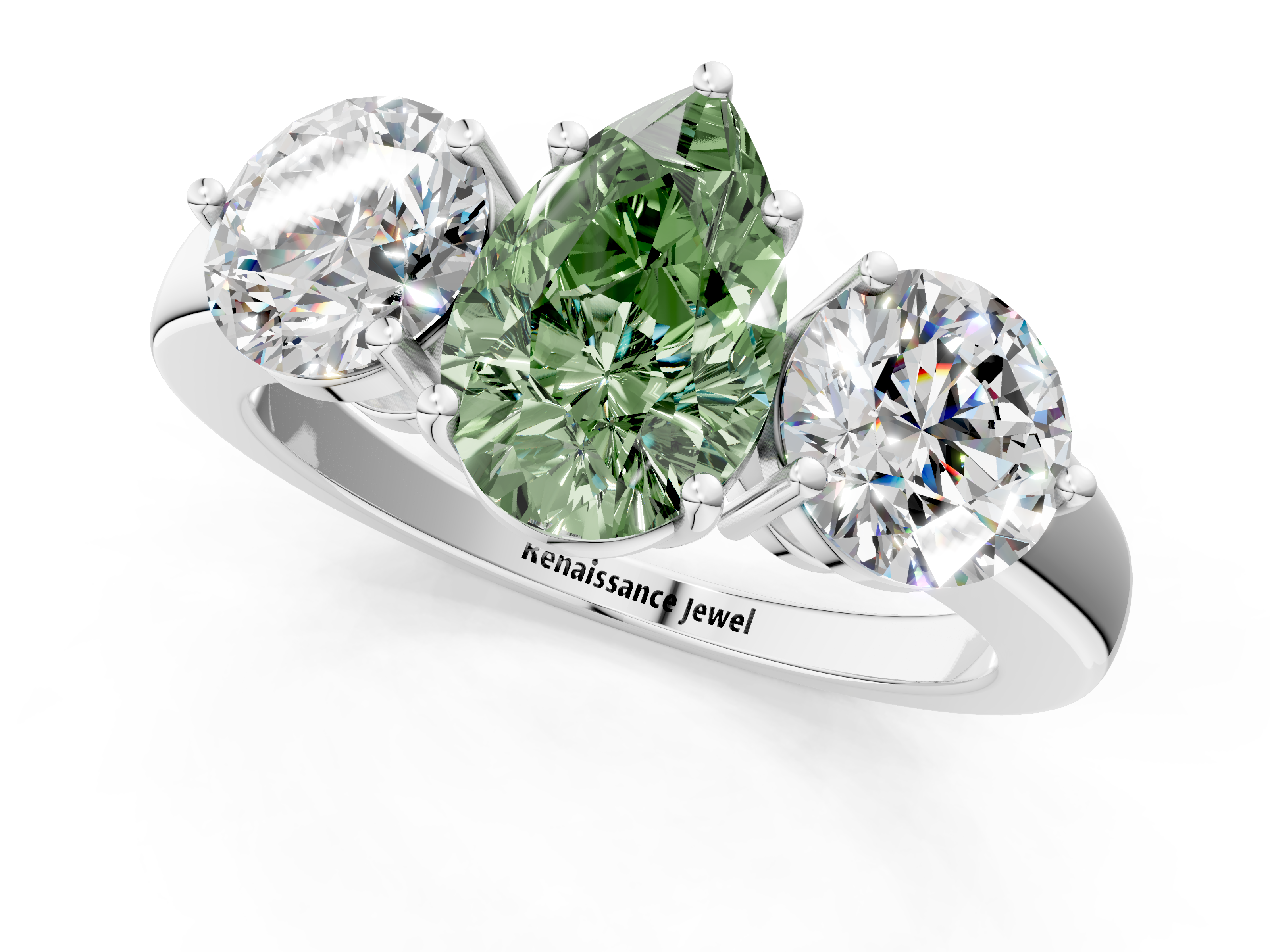 White gold Three-Stone Fancy Green Pear  Cut Solitaire Ring with Prong Setting on a Classic Band_60