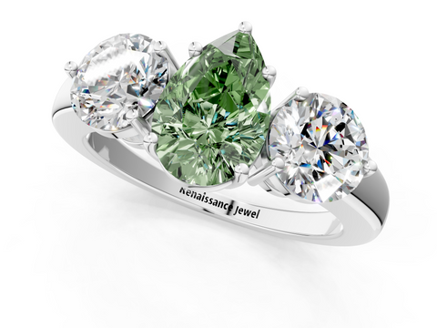 White gold Three-Stone Fancy Green Pear  Cut Solitaire Ring with Prong Setting on a Classic Band_60