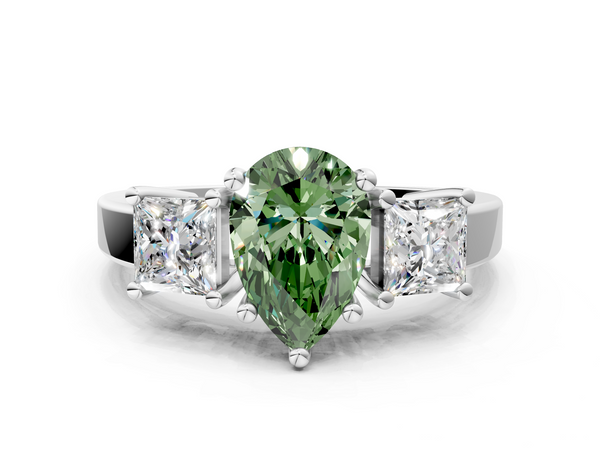 Platinum Three-Stone Fancy Green Pear  Cut Solitaire Ring with Prong Setting
