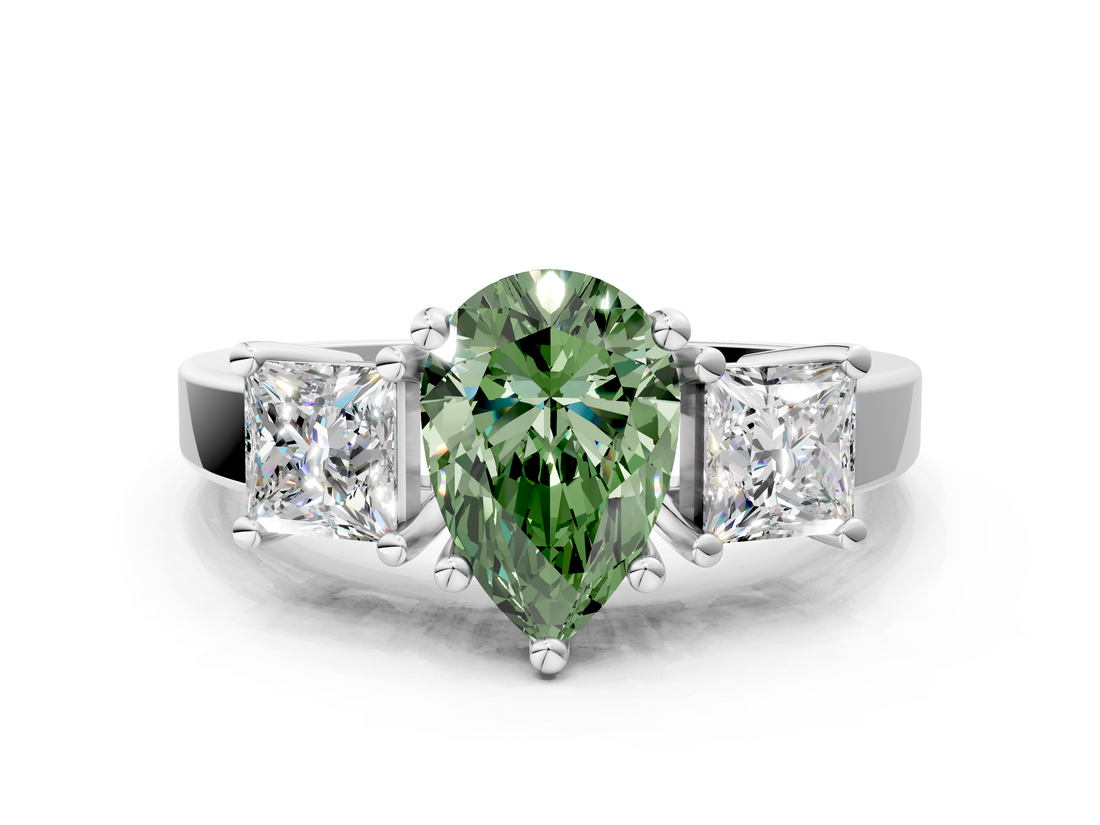 White gold Three-Stone Fancy Green Pear  Cut Solitaire Ring with Prong Setting_3