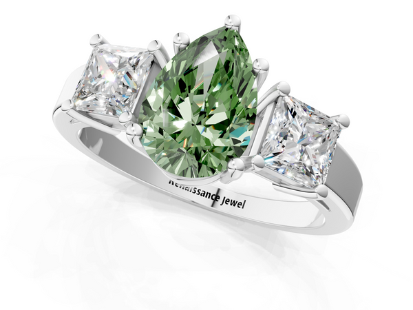 Platinum Three-Stone Fancy Green Pear  Cut Solitaire Ring with Prong Setting