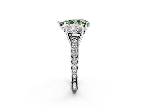 White gold Three-Stone Fancy Green Pear  Diamond Milgrain Pave Band with Prong Setting