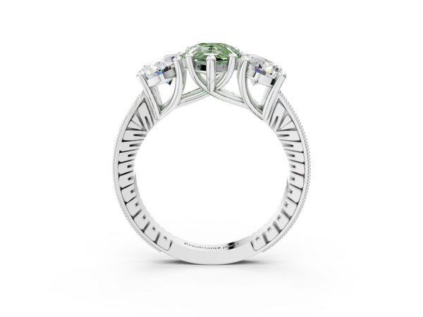 White gold Three-Stone Fancy Green Pear  Diamond Milgrain Pave Band with Prong Setting