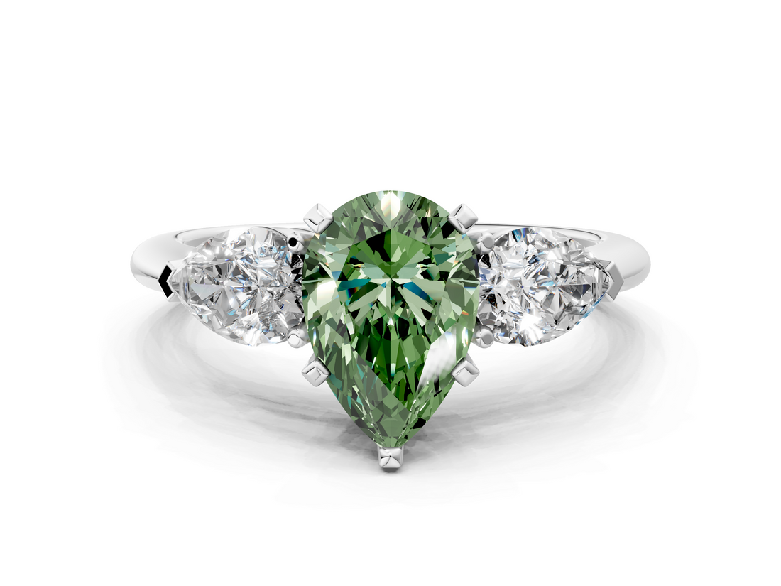 White gold Three-Stone Fancy Green Pear  Diamond Ring with Pear Side Stones in Four-Prong Setting_59