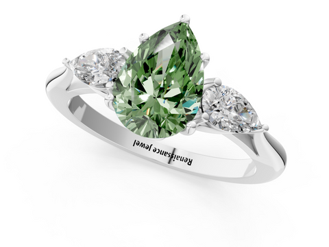 White gold Three-Stone Fancy Green Pear  Diamond Solitaire Ring with Pear Side Stones and Four-Prong Setting_32
