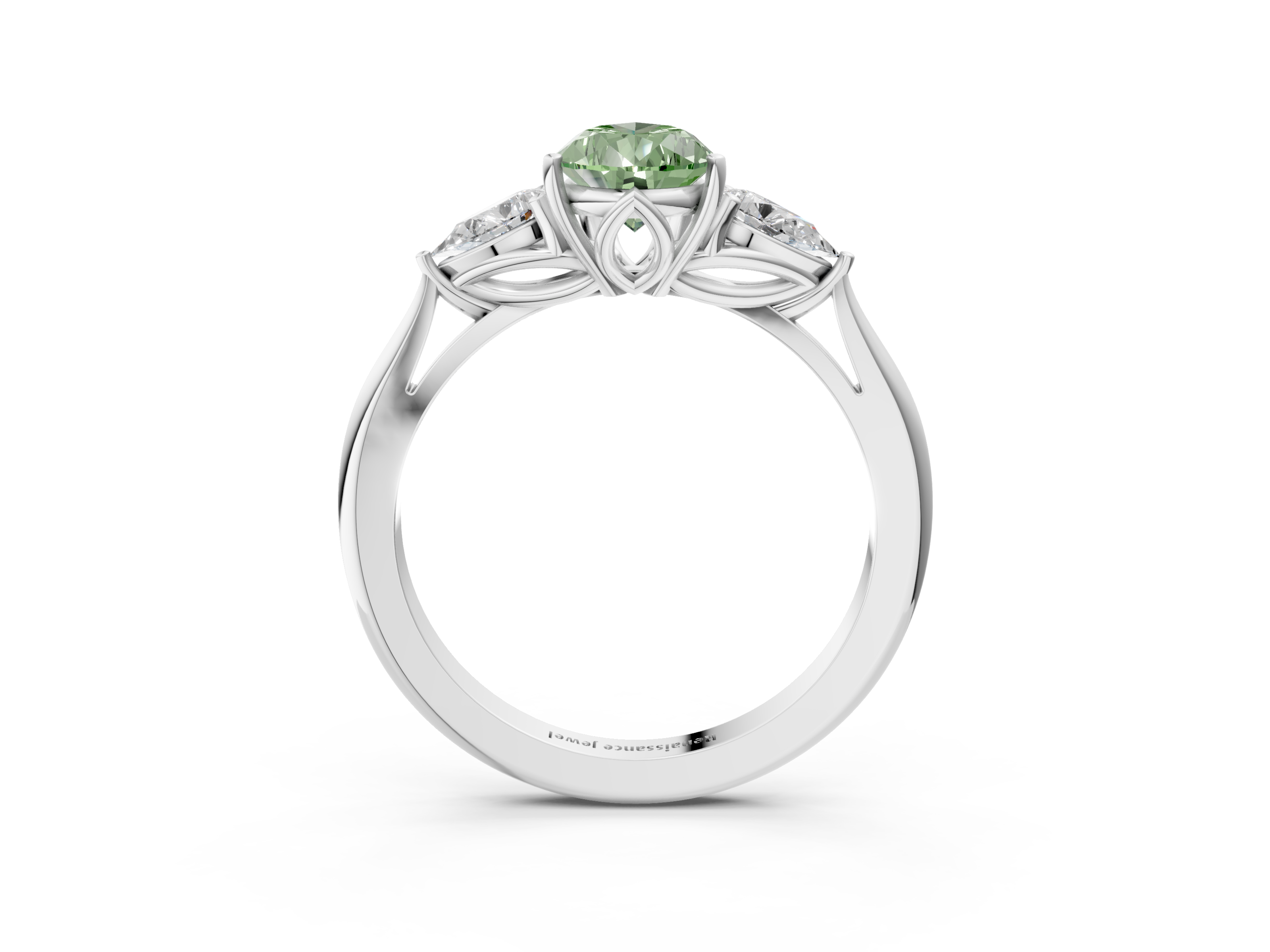 White gold Three-Stone Fancy Green Pear  Diamond Solitaire Ring with Pear Side Stones and Four-Prong Setting_34