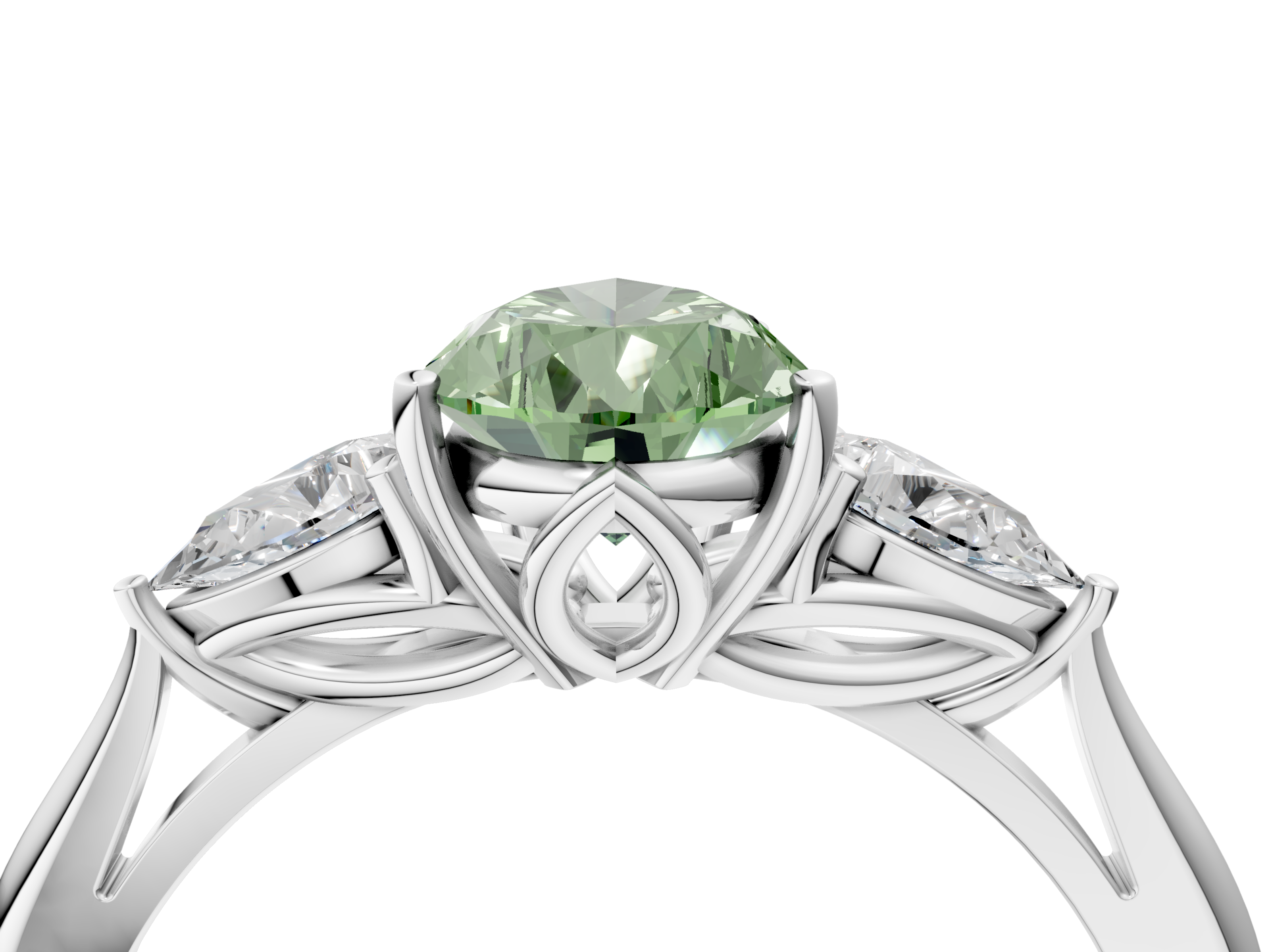 White gold Three-Stone Fancy Green Pear  Diamond Solitaire Ring with Pear Side Stones and Four-Prong Setting_35