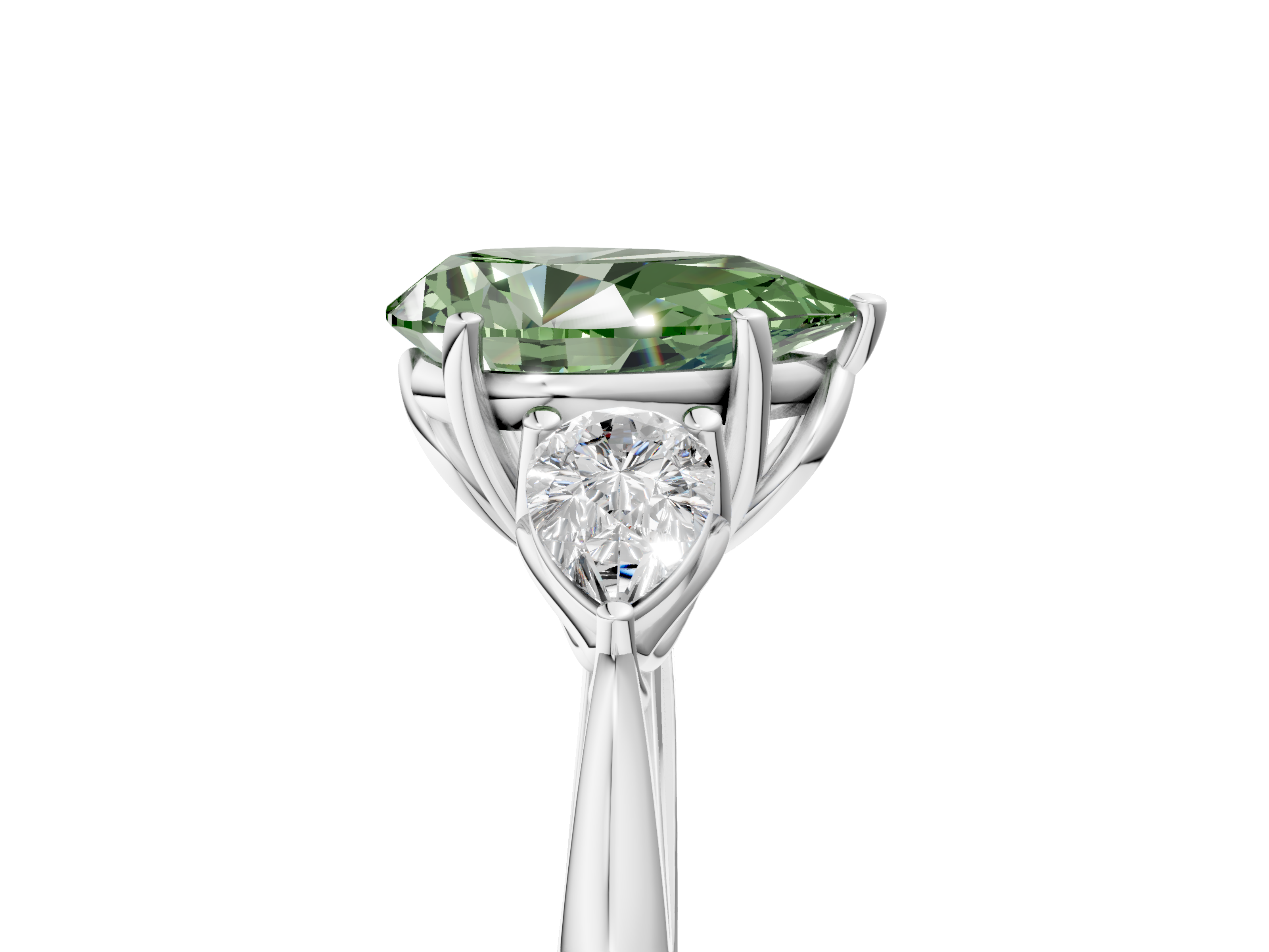 White gold Three-Stone Fancy Green Pear  Diamond Solitaire Ring with Pear Side Stones and Four-Prong Setting_36