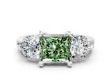 White gold Three-Stone Fancy Green Princess  Brilliant Cut Solitaire Ring with Prong Setting on a Classic Band 1