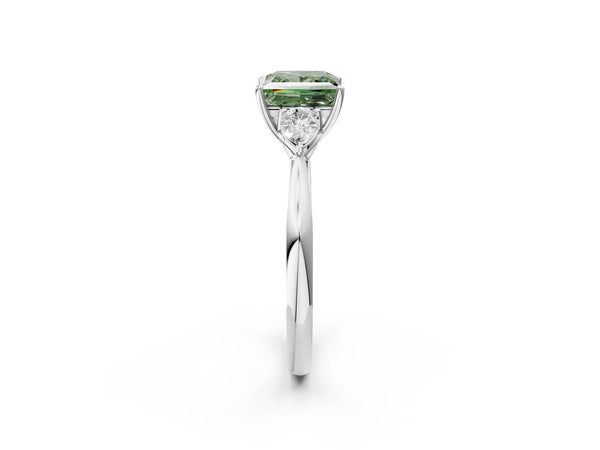Platinum Three-Stone Fancy Green Princess Cut Brilliant Diamond Solitaire Ring with Tapered Band and Four-Prong Setting