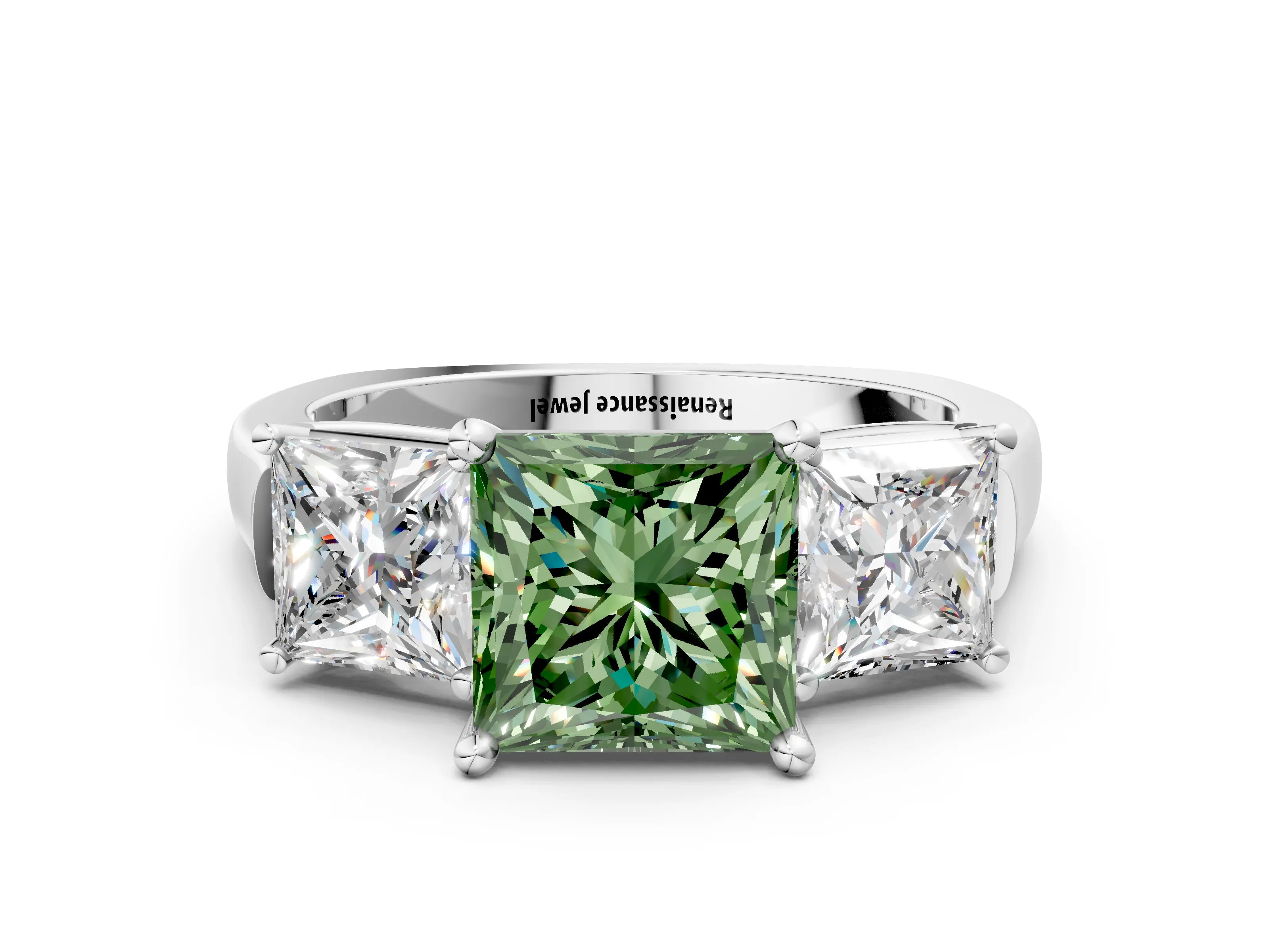 White gold Three-Stone Fancy Green Princess Cut Brilliant Diamond Trellis Ring with Comfort Fit Band_12