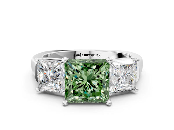 White gold Three-Stone Fancy Green Princess Cut Brilliant Diamond Trellis Ring with Comfort Fit Band