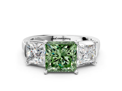 White gold Three-Stone Fancy Green Princess Cut Brilliant Diamond Trellis Ring with Comfort Fit Band_12