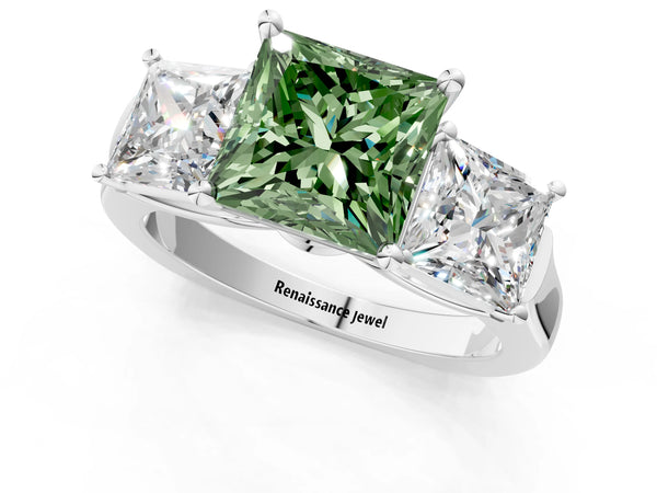 White gold Three-Stone Fancy Green Princess Cut Brilliant Diamond Trellis Ring with Comfort Fit Band
