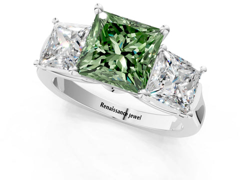 White gold Three-Stone Fancy Green Princess Cut Brilliant Diamond Trellis Ring with Comfort Fit Band_13